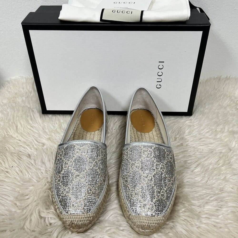 Gucci Espadrilles Heritage Logo Monogram Marmont GG Lame Silver Flat 38.5/39